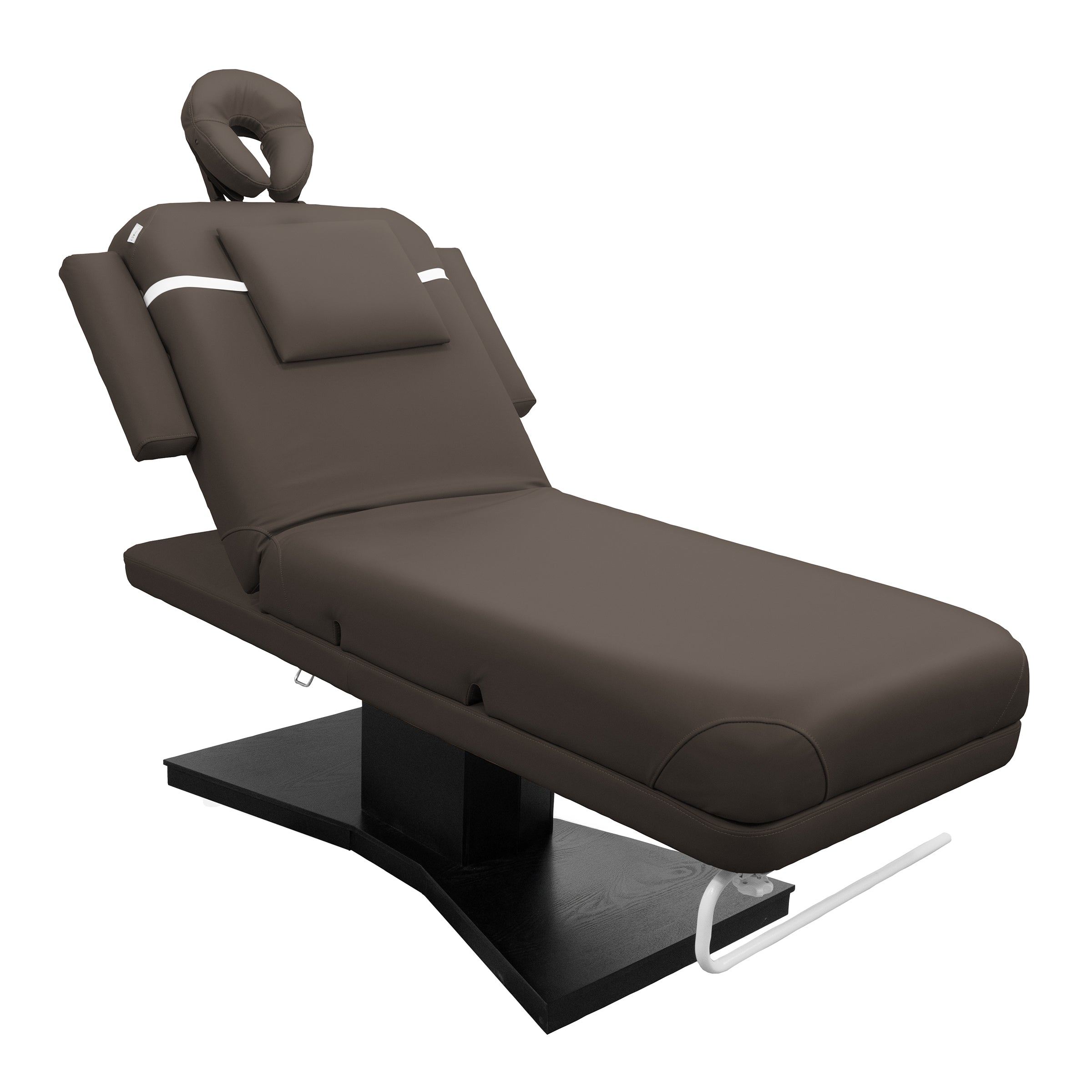 Brown massage table with adjustable headrest on a white background