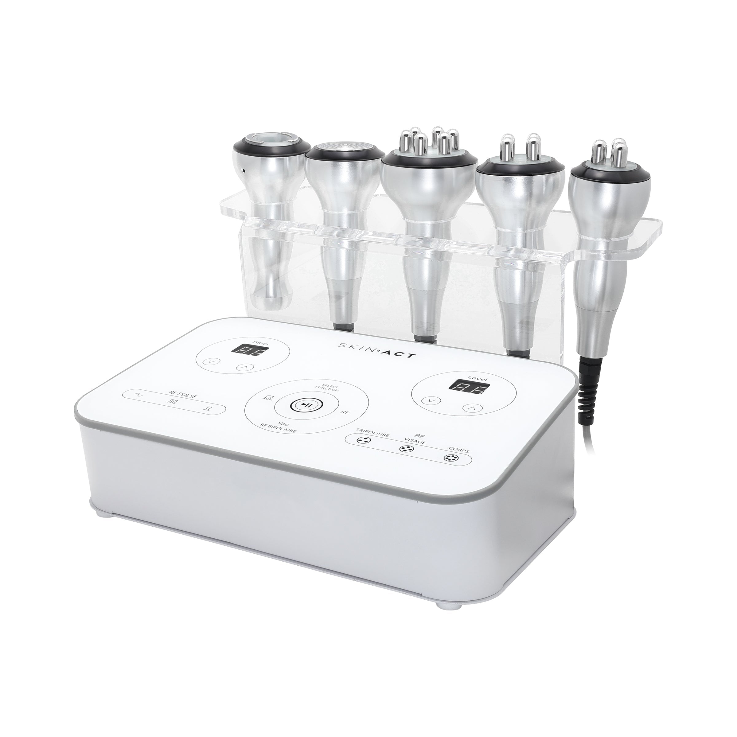 White electronic device with multiple attachments on a white background