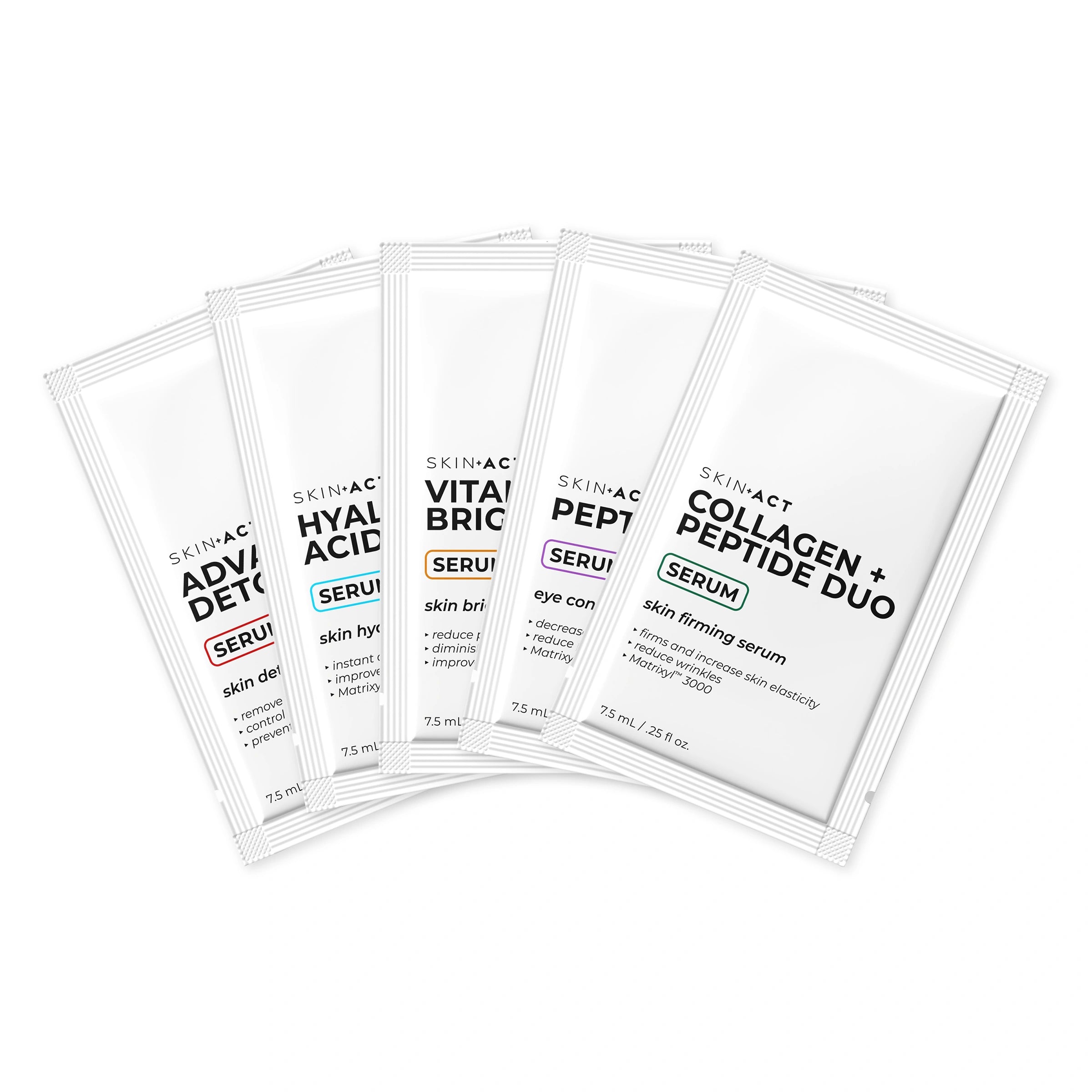 Five white skincare sachets fanned out on a plain white background. The visible text includes SKINACT ADV DETOX, SKINACT HYAL ACID, SKINACT BRIGHT EYE SERUM, SKINACT PEPTIDE, and SKINACT COLLAGEN + PEPTIDE DUO.