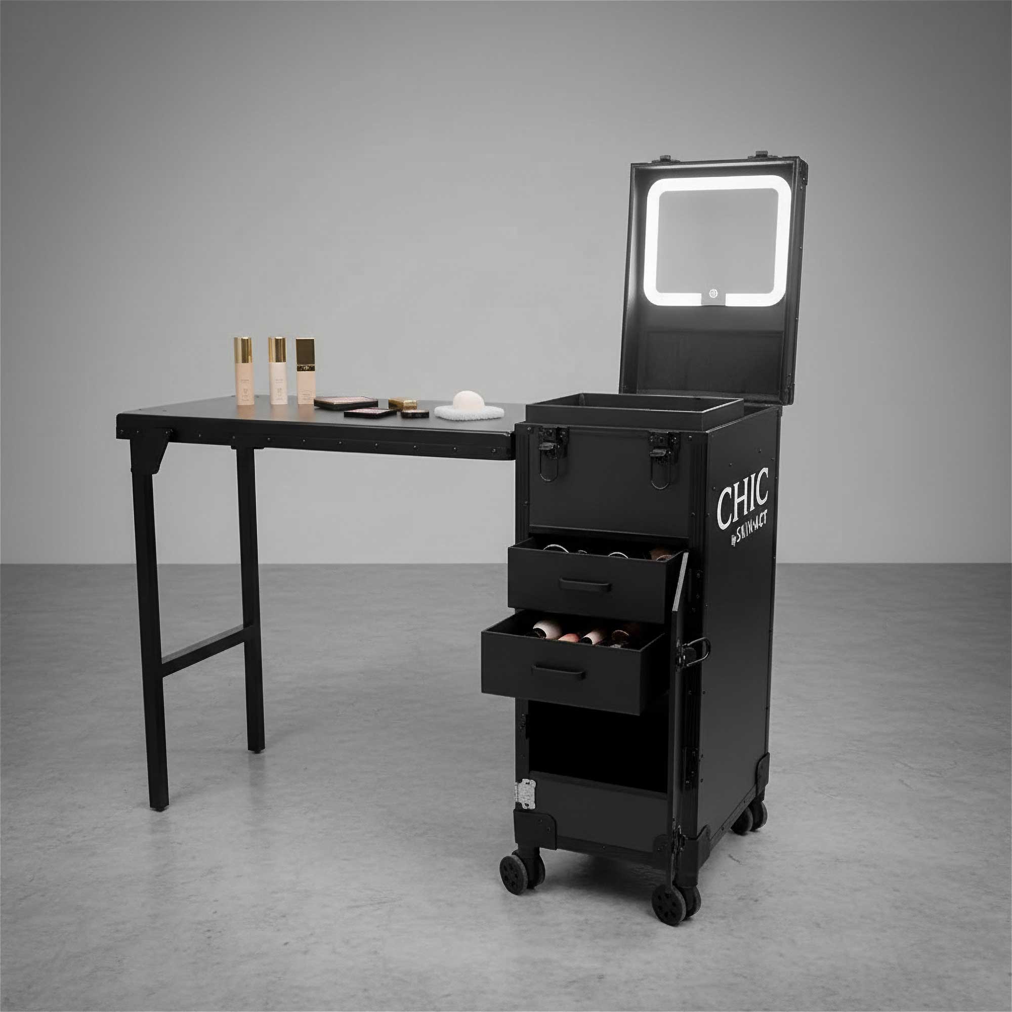 Foldable Rolling Manicure Table Case With LED Mirror, Chic By SkinAct