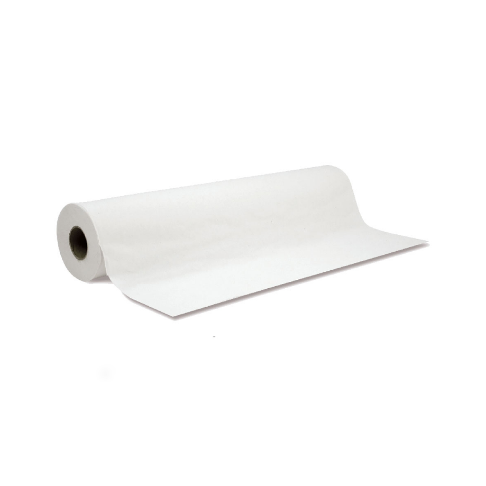 A roll of white disposable perforated non-woven table cover.