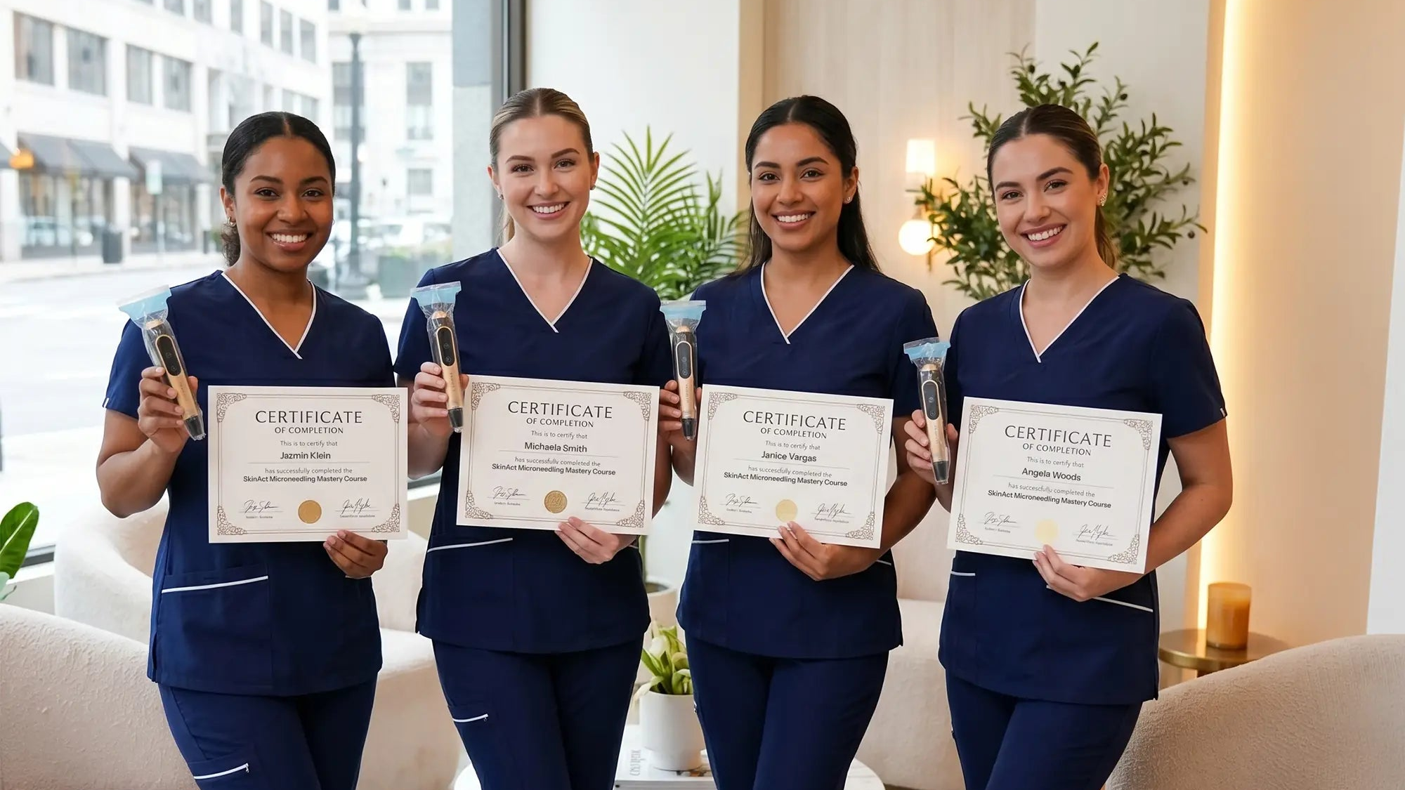Four women in blue scrubs holding certificates in a modern living room.