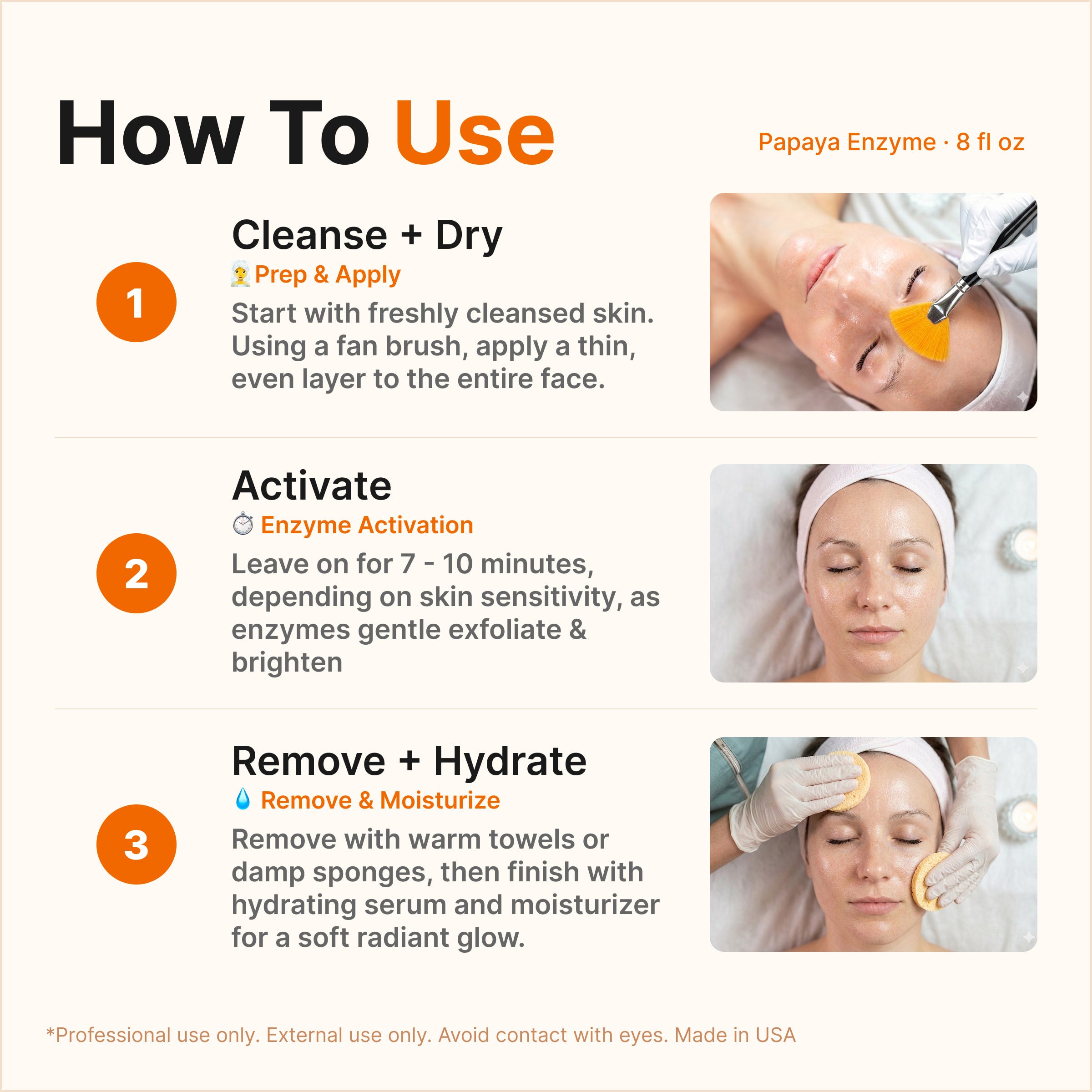 Instructions on how to use a facial product with step-by-step guidance and images of application.