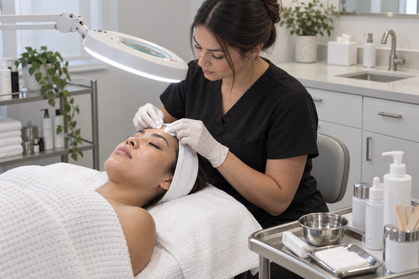 A spa treatment scene with a woman lying on a treatment bed while another woman in black scrubs and white gloves applies skincare to her forehead under a magnifying lamp. A metal cart with skincare bottles and tools sits nearby in a bright, clean spa room.