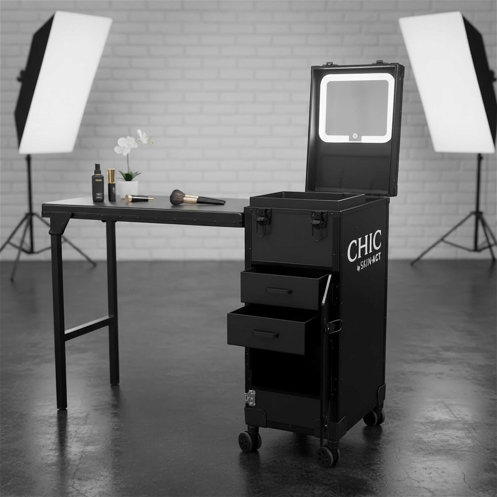 Foldable Rolling Manicure Table Case With LED Mirror, Chic By SkinAct