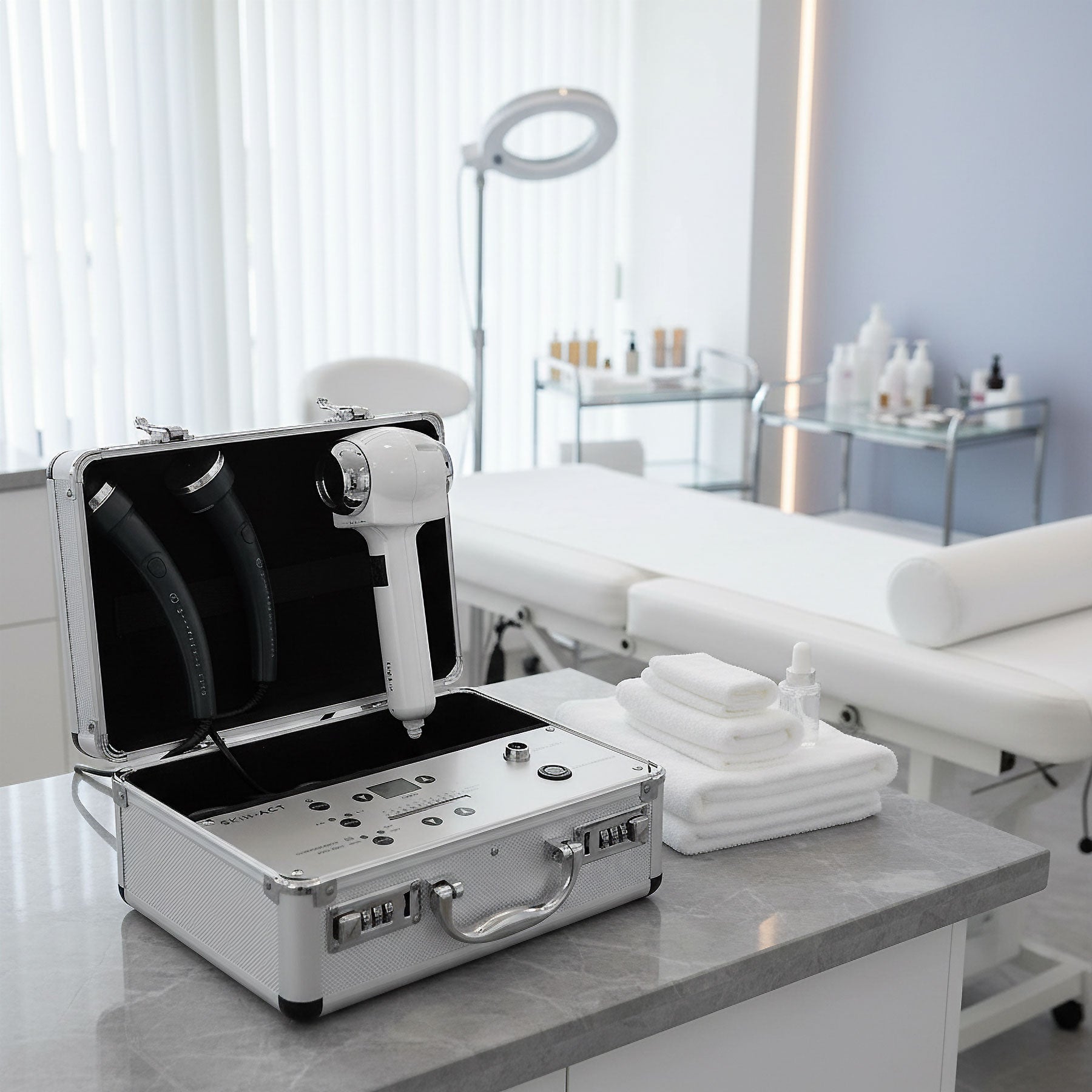 SkinAct's Ultrasonic cold/hot hammer facial unit in modern skincare clinic setup with treatment bed and tools