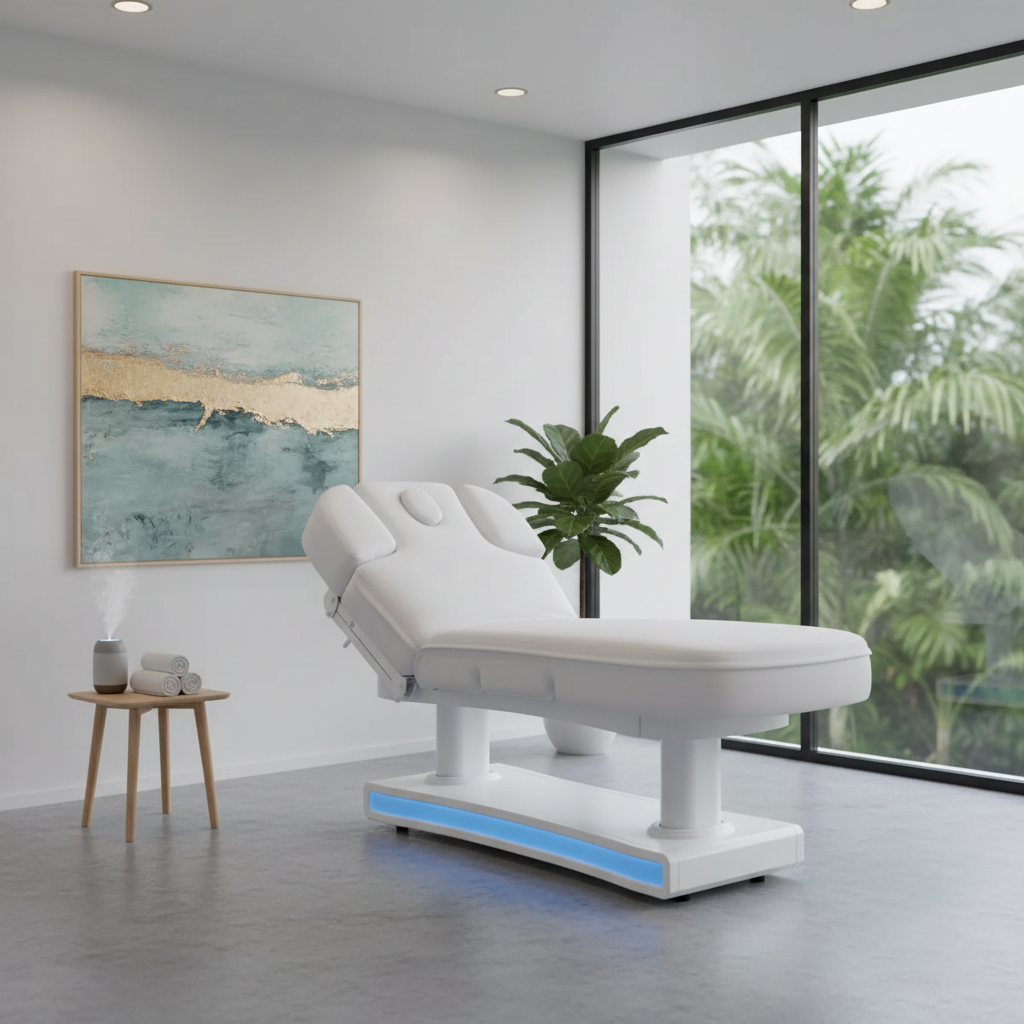 SkinAct Aluma Electric Spa Treatment Table in white with adjustable backrest, shown in a modern spa room with natural light.