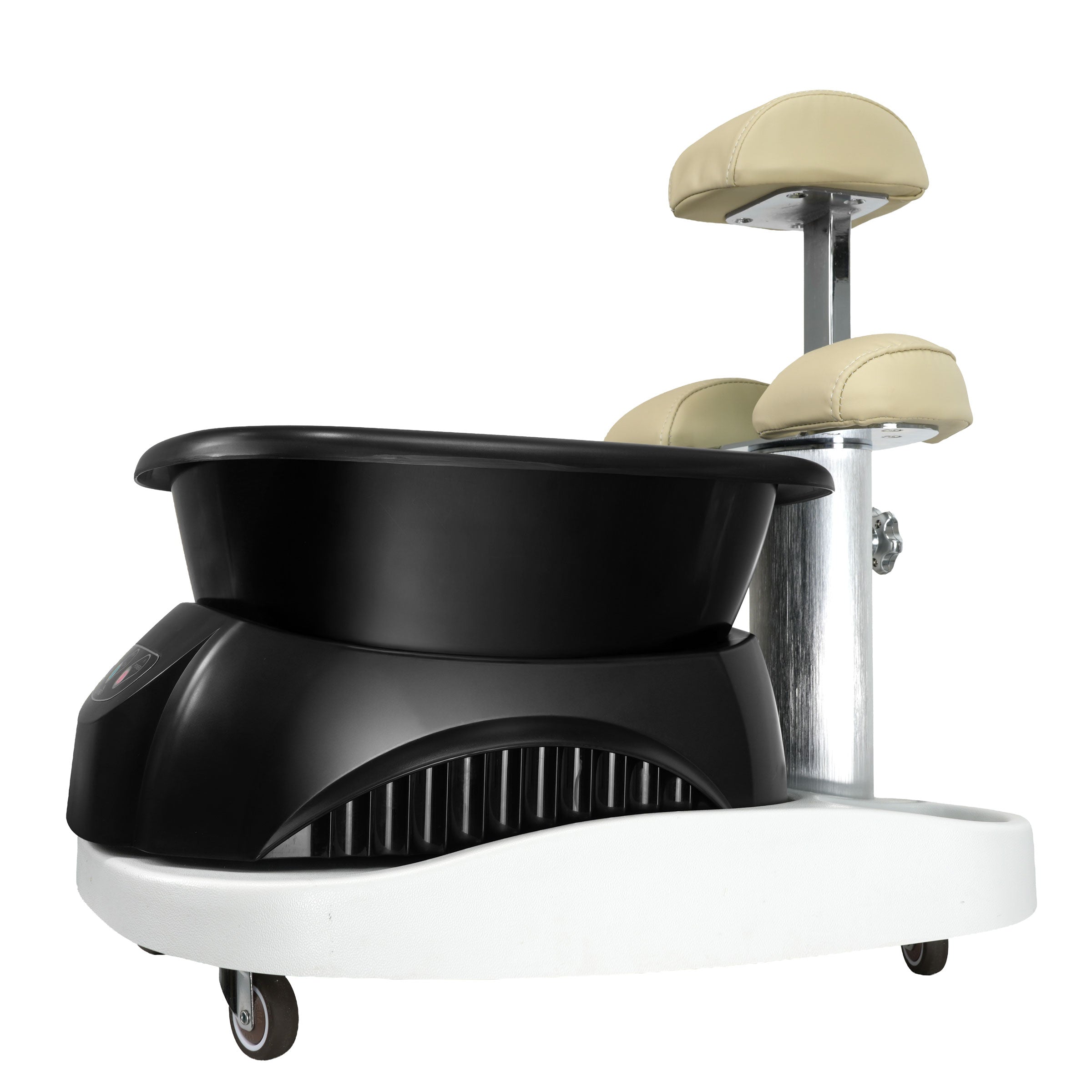 Milan Portable Foot Spa Base (beige upholstery, white base) with SkinAct CleanPedi H6 Dual-Mode Foot Bath.