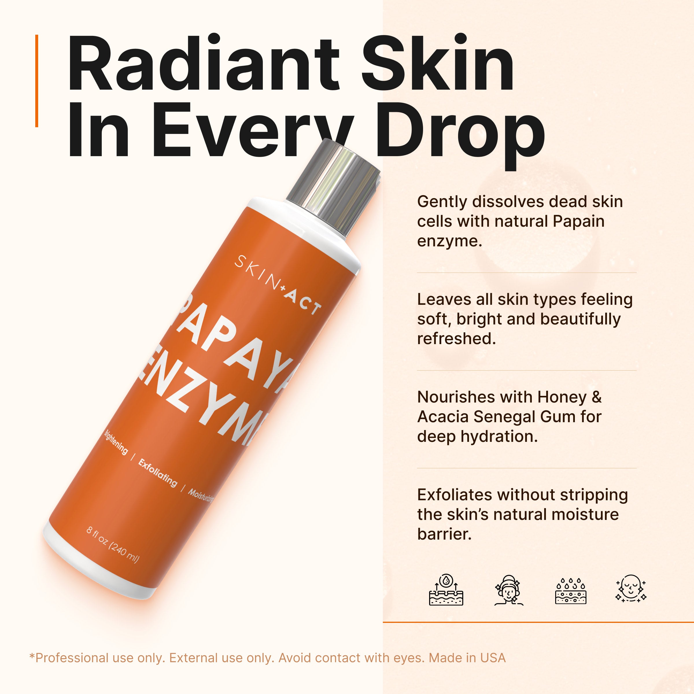 SKIN.ACT Papaya Enzyme product with text about its benefits on a light background