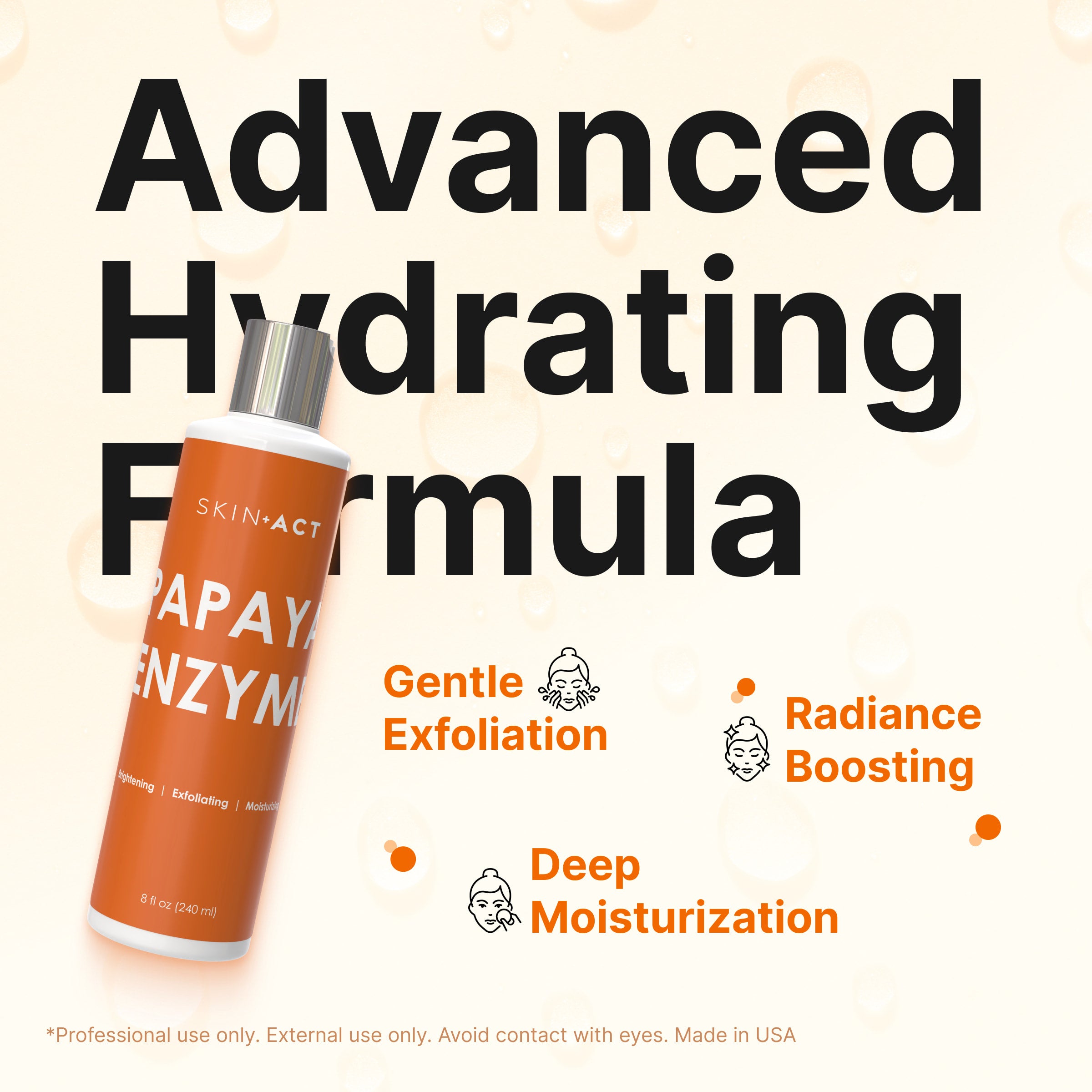 SKIN-ACT Papaya Enzyme product with text highlighting features on a beige background