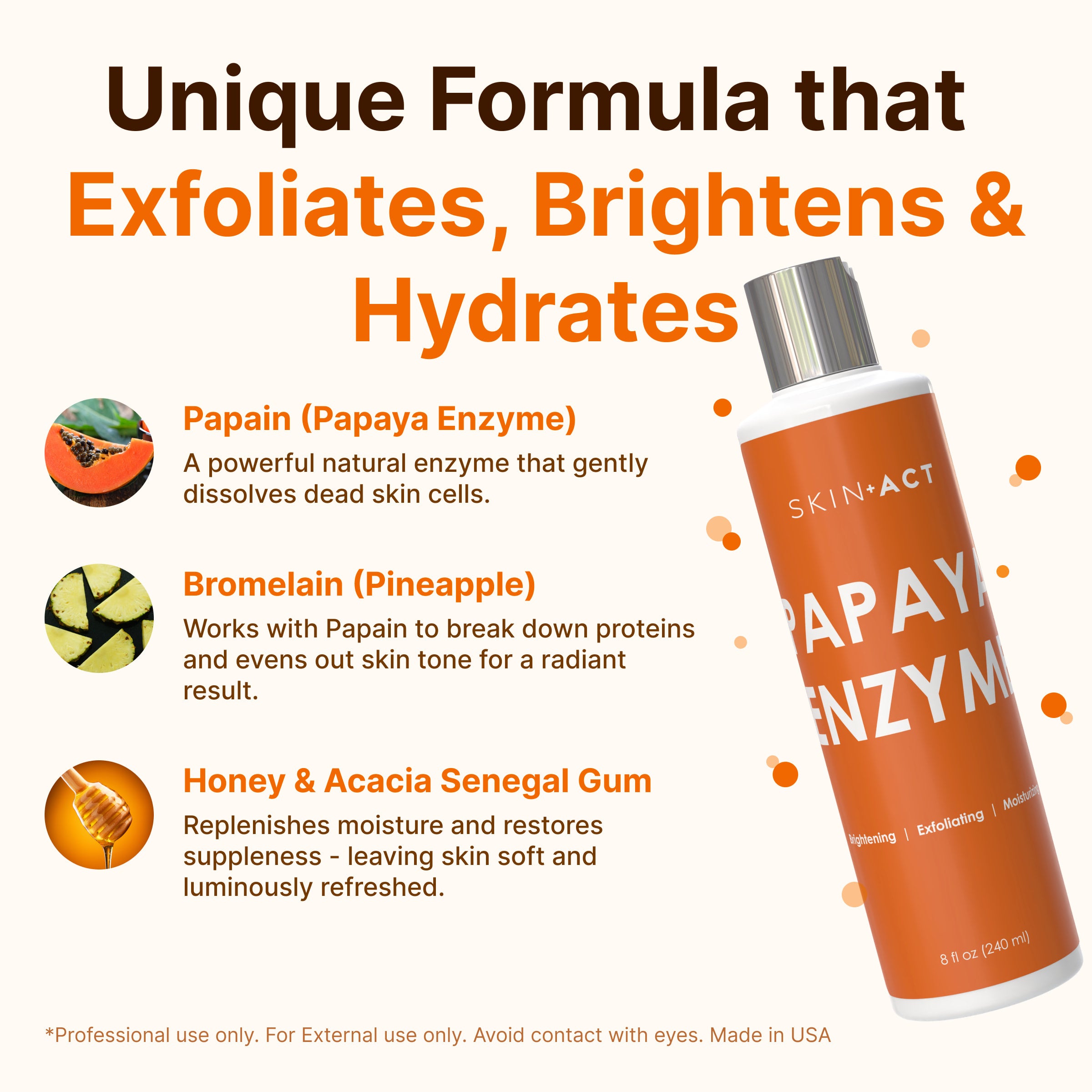 SKIN+ACT Papaya Enzyme product with ingredients listed on a white background