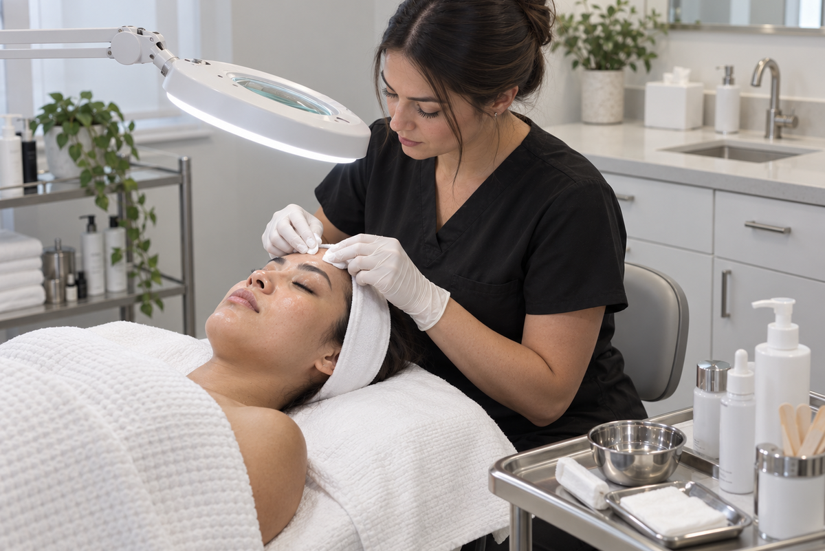 A spa treatment scene with a woman lying on a treatment bed while another woman in black scrubs and white gloves applies skincare to her forehead under a magnifying lamp. A metal cart with skincare bottles and tools sits nearby in a bright, clean spa room.