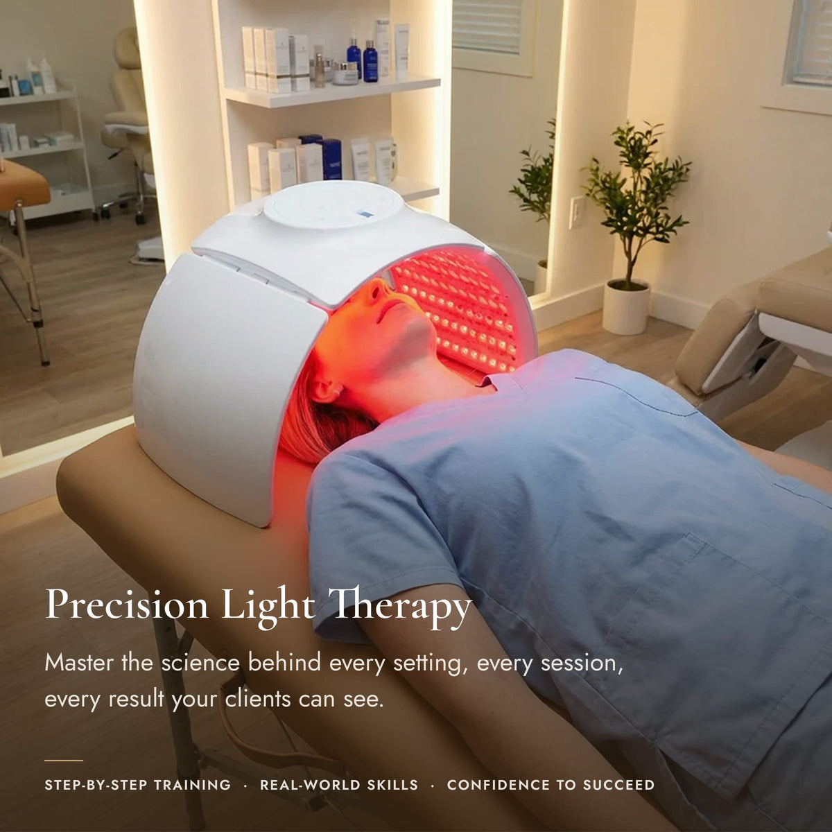 Professional red LED light therapy treatment demonstration featured in SkinAct’s online esthetician training course