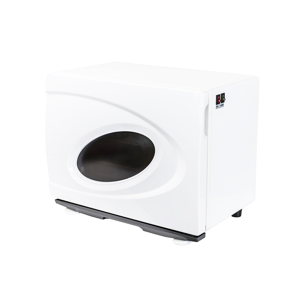 A white hot towel cabinet warmer with a black UV sterilizer inside, featuring a control panel with red digital display on the front.